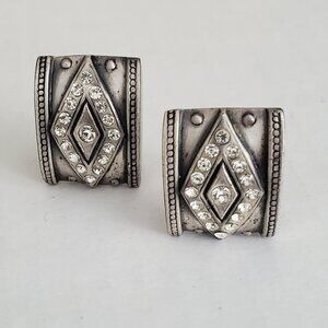 Art Deco Silver Pewter Tone and Rhinestone Clip-on Earrings
